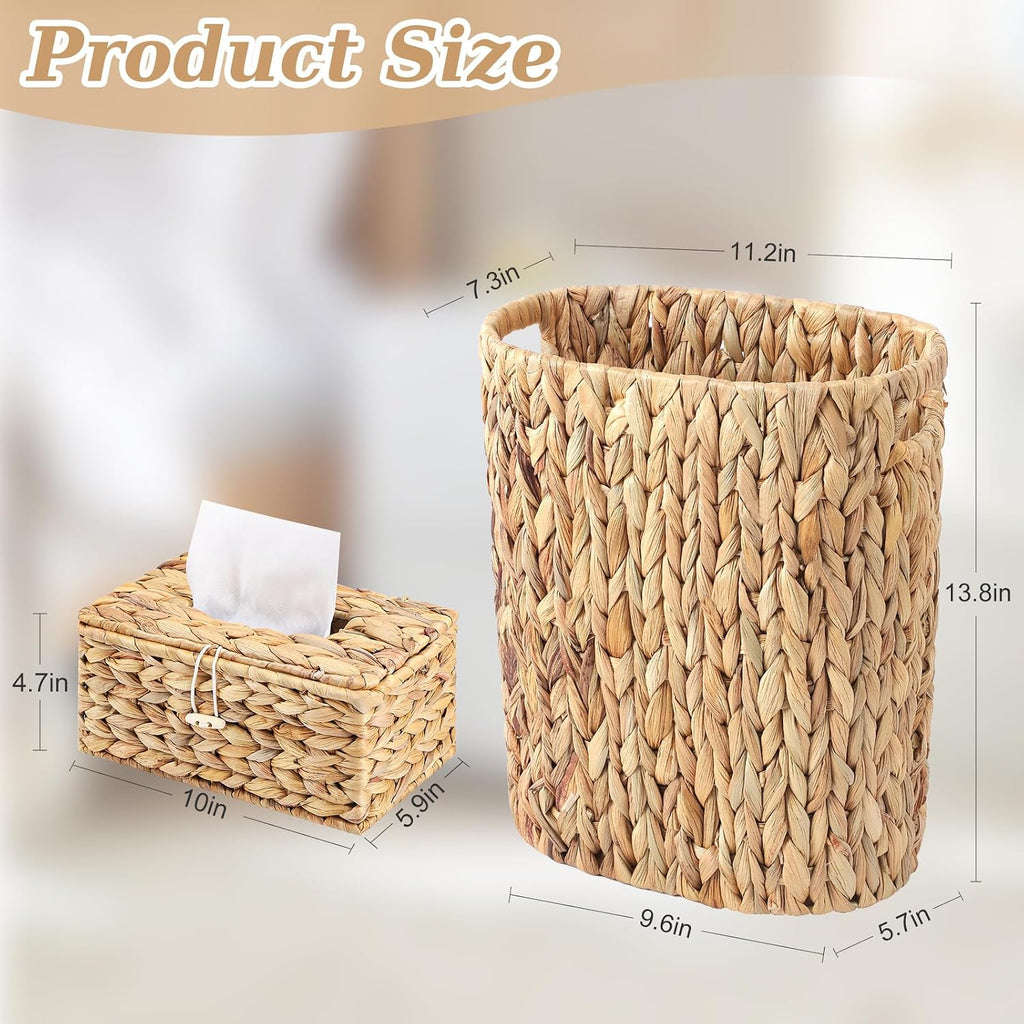 Wicker Trash Can and Rectangle Tissue Box Cover, 4 Gallon Water Hyacinth Bathroom Trash Can, Handwoven Napkin Holder, Narrow Small Waste Basket, Rustic Decorative Home Set for Bedroom,Bathroom,Office