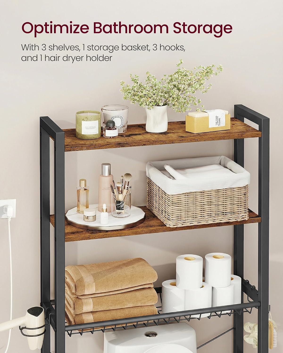 VASAGLE 3-Tier Over the Toilet Storage, Adjustable Shelves, Basket, 63''H
