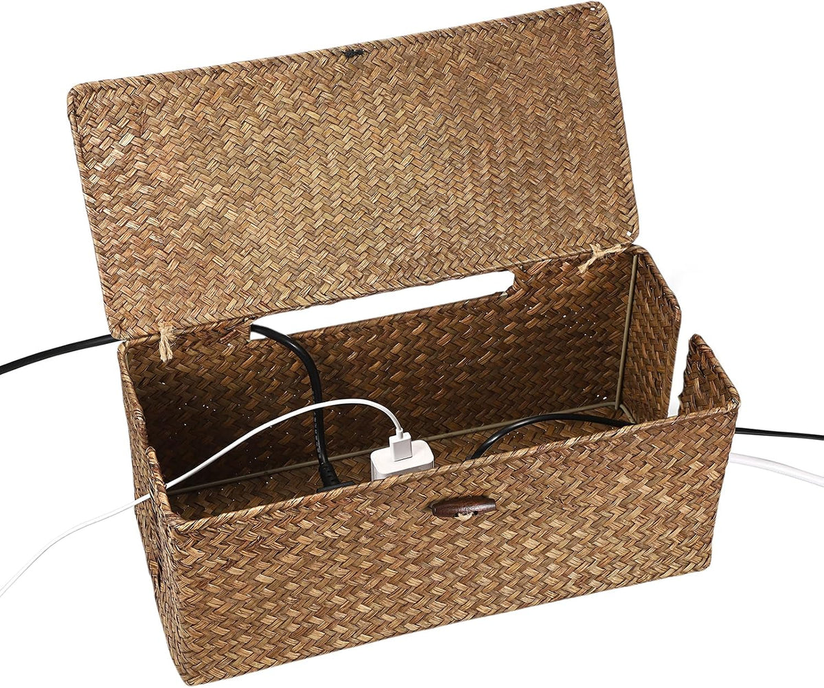 BTSKY Woven Cable Management Box with Lid, Seagrass Cord Organizer with 2 Open Slots for Power Strips & USB Hubs, Under Desk Cord Hider Box for Home Office, Pet Proofing Wire Basket, Large
