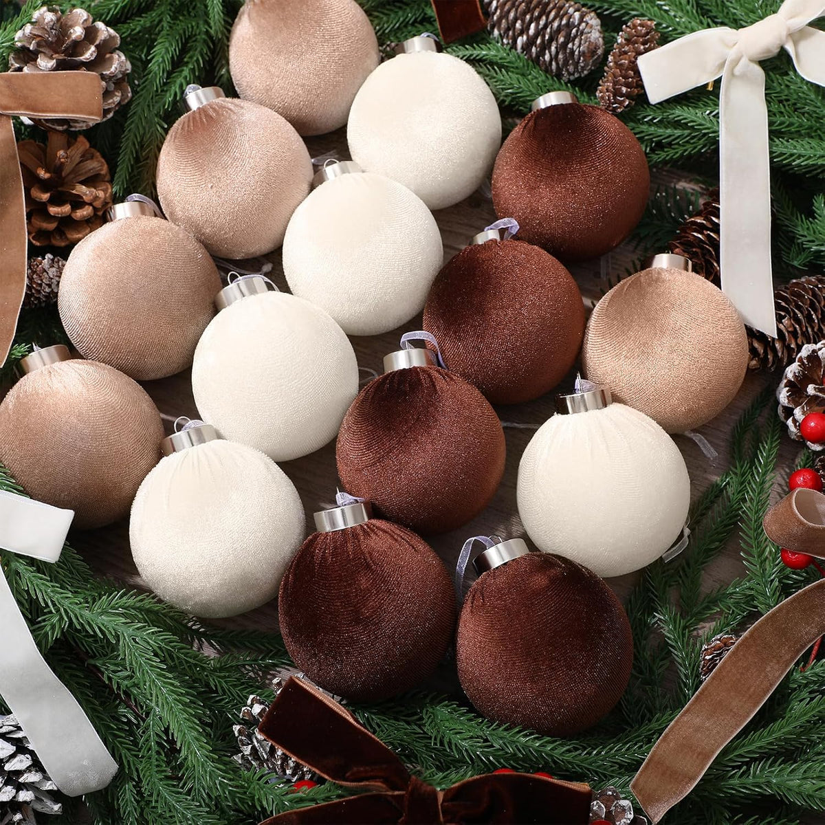 Wettarn 30 Sets Velvet Christmas Ornaments Balls & Bows, Classic Neutrals