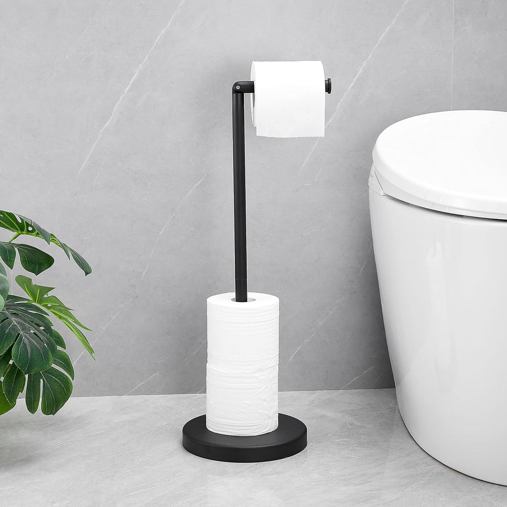 Foldable Toilet Paper Dispenser SUS304 Stainless Steel Free Standing Toilet Paper Holder Stand Modern Floor Bathroom Storage Freestanding 4 Rolls of Toilet Tissue Stand (Matte Black Finish)
