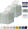 Tissue Box Holder Cover Square Tissue Cube Cover PU Leather Tissue Organizer with Bottom Belt for Bathroom, Tabletop, Kitchen, Night Stands, Office, Home, Car (2, Blue)