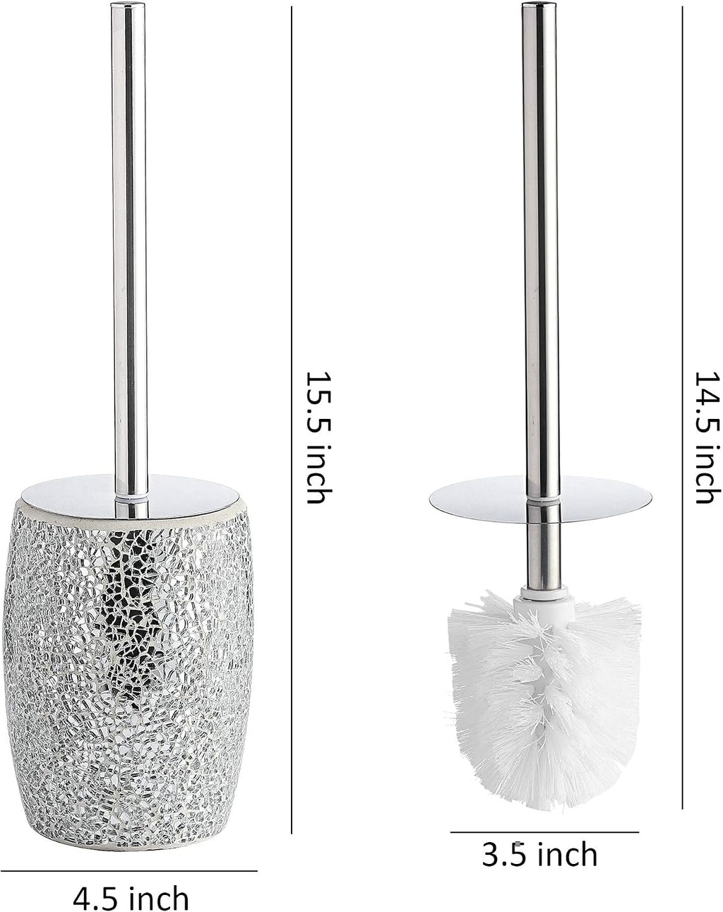 WHOLE HOUSEWARES Modern Toilet Brush Set (Silver) - Glass Mosaic Bathroom Accessory with Sturdy Bristles and Holder