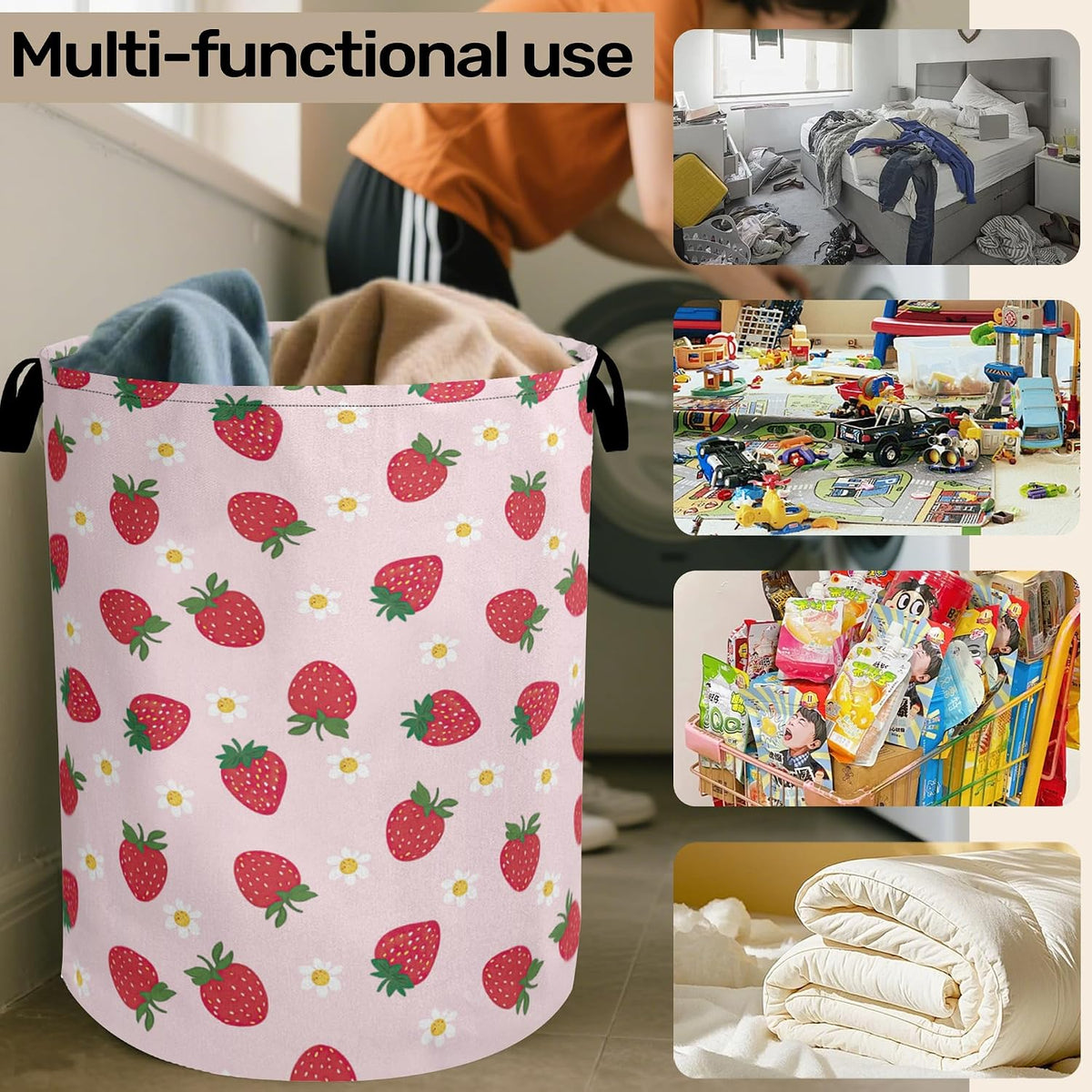 Cute Pink Strawberry Laundry Basket, Extra Large Foldable Hamper for Bathroom/Laundry/Bedroom/Dorm, Washable Fabric Storage Bin with Handle