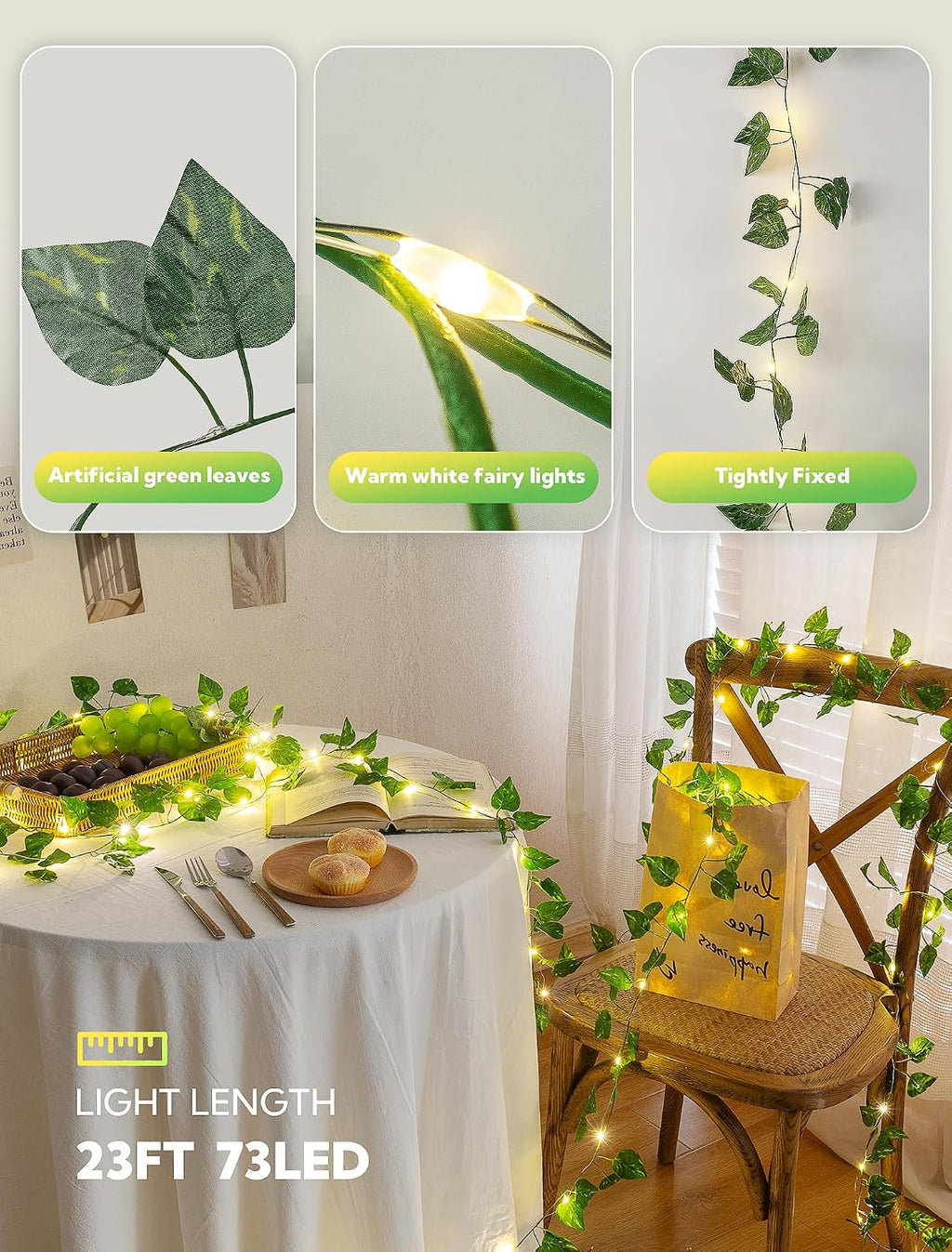 woohaha Pothos Leaf Vine with Fairy Lights Battery Operated