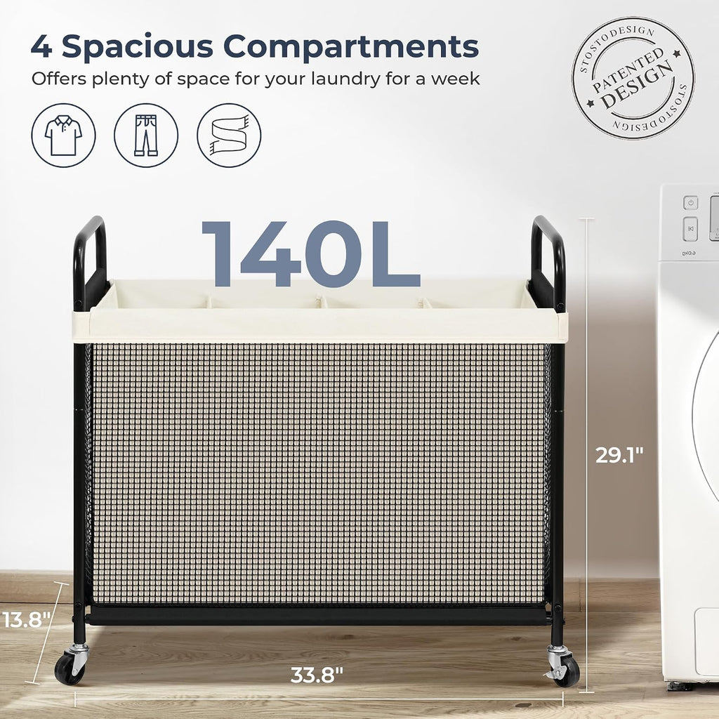 STO STO Laundry Hamper 4 Section, 140L Rolling Laundry Sorter Cart with Removable and Washable Liner Bag, Clothes Hamper with Wheels and Metal Handle for Laundry Room and Bedroom, Beige