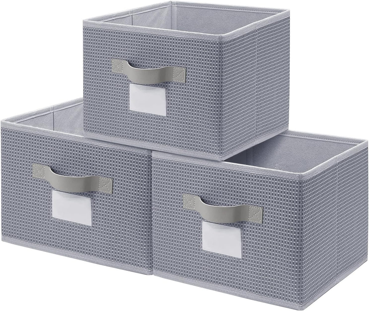 11 inch Woven Fabric Bins, Storage Baskets, Storage Cubes with Reinforced Handles, Organizer Bins for Closet Shelves, Foldable (3, Gray)