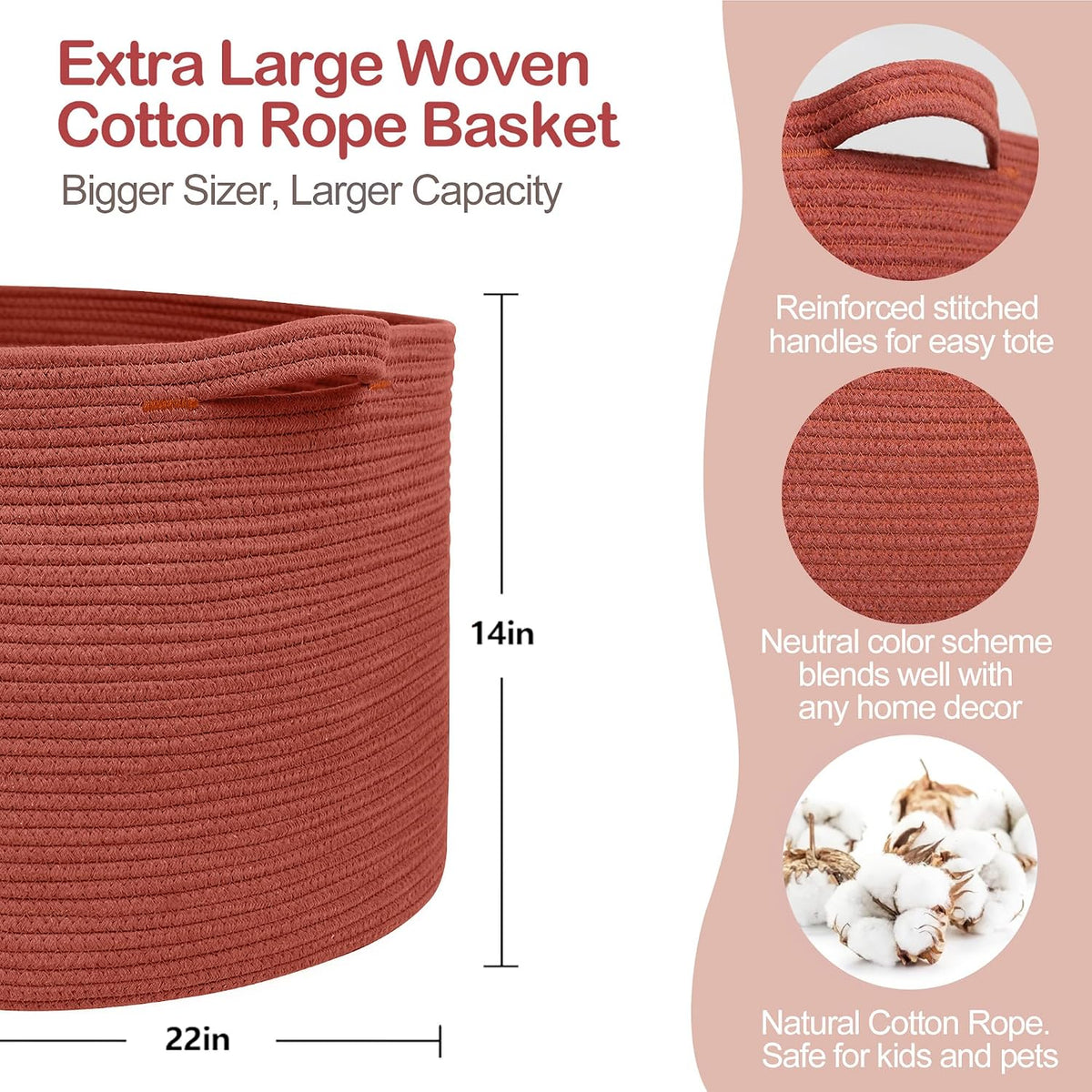 MEGASKET Large Cotton Rope Storage Basket, 22"x14" Rustic Woven Storage Bin for Blankets, Laundry, Shoes, Towels, Farmhouse Boho Blanket Basket Living Room Bedroom, Soft Round Toy Box, Terracotta