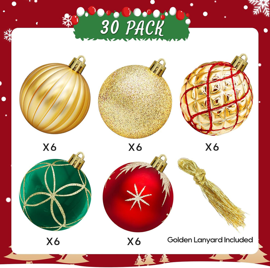 2.5 Inch Christmas Ball Ornaments, 30-Piece Set, Red, Green, & Champagne