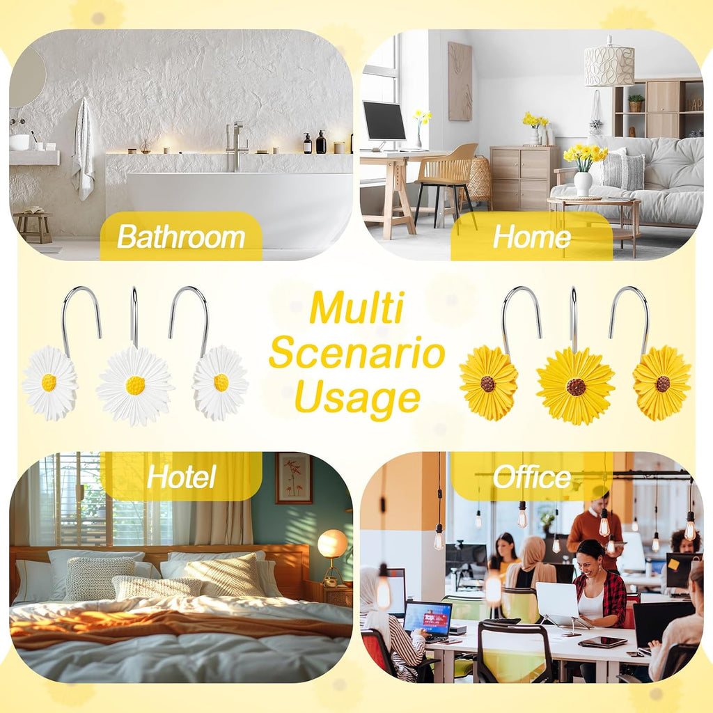 Yungyan 12 Pcs Daisy Flower Shower Curtain Hooks Sunflower Shower Curtain Rings 2 Colors Floral Decorative Hanger Hooks for Summer Wedding Living Room Bedroom Bathroom Restroom Decor