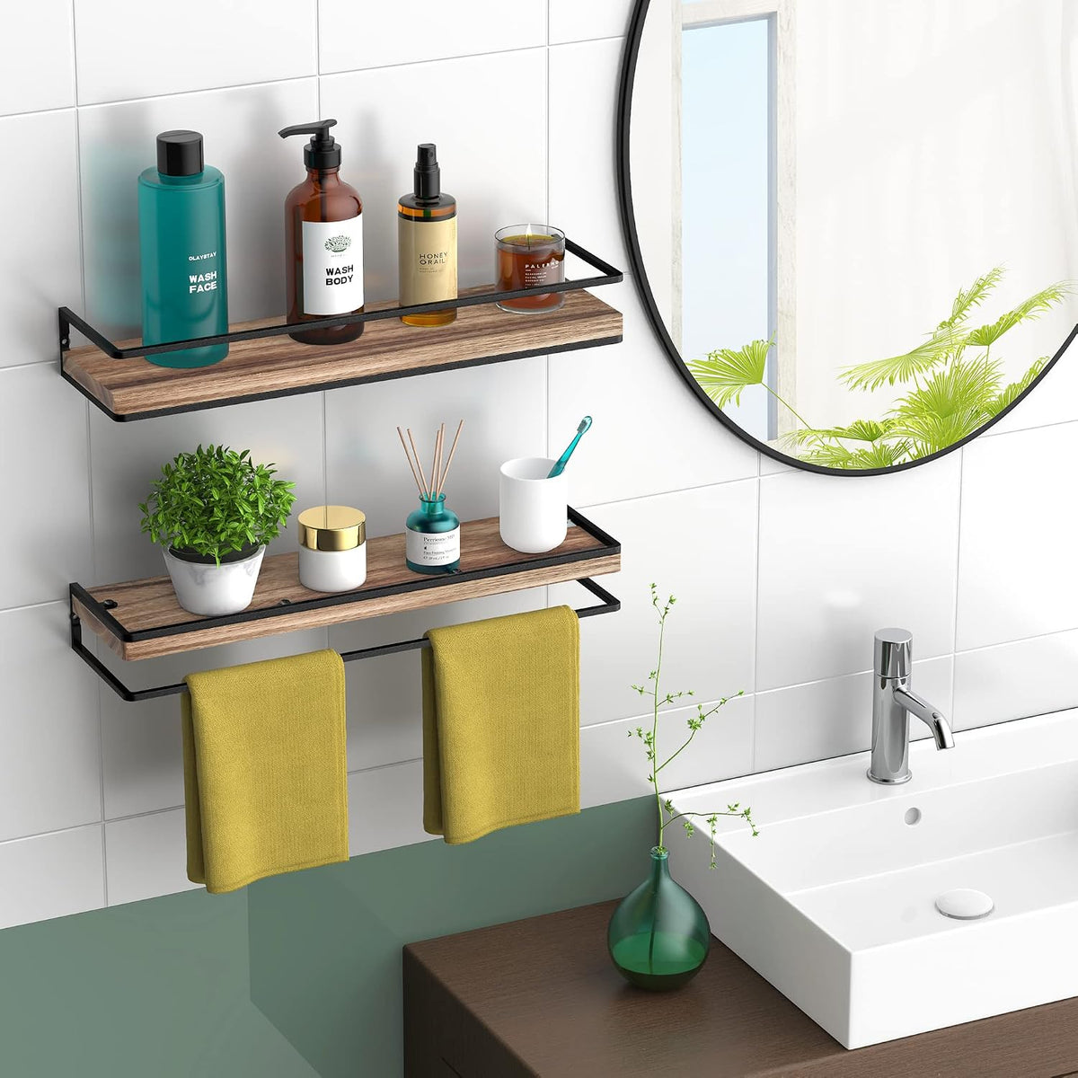 Meangood Rustic Floating Shelves for Wall, 17 inch Bathroom Shelf, Set of 2