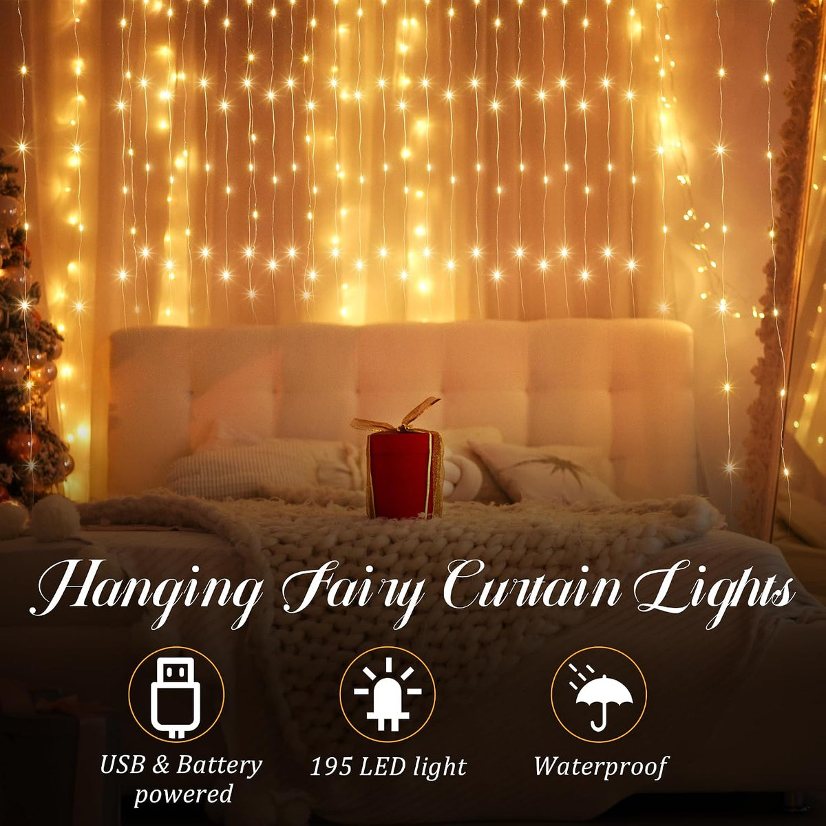 2 Pack 195 LED Curtain Tapestry Lights, 6.5 x 5 ft Backdrop String Lights