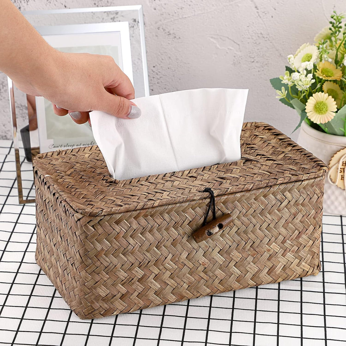 Sumnacon Tissue Box Cover Rectangle Tissue Box Seagrass Tissue Box Holder Woven Tissue Holder Decorative Tissue Cover for Bathroom Tissue Box Cover Rectangular for Home Office Table Coffee (Pack of 2)