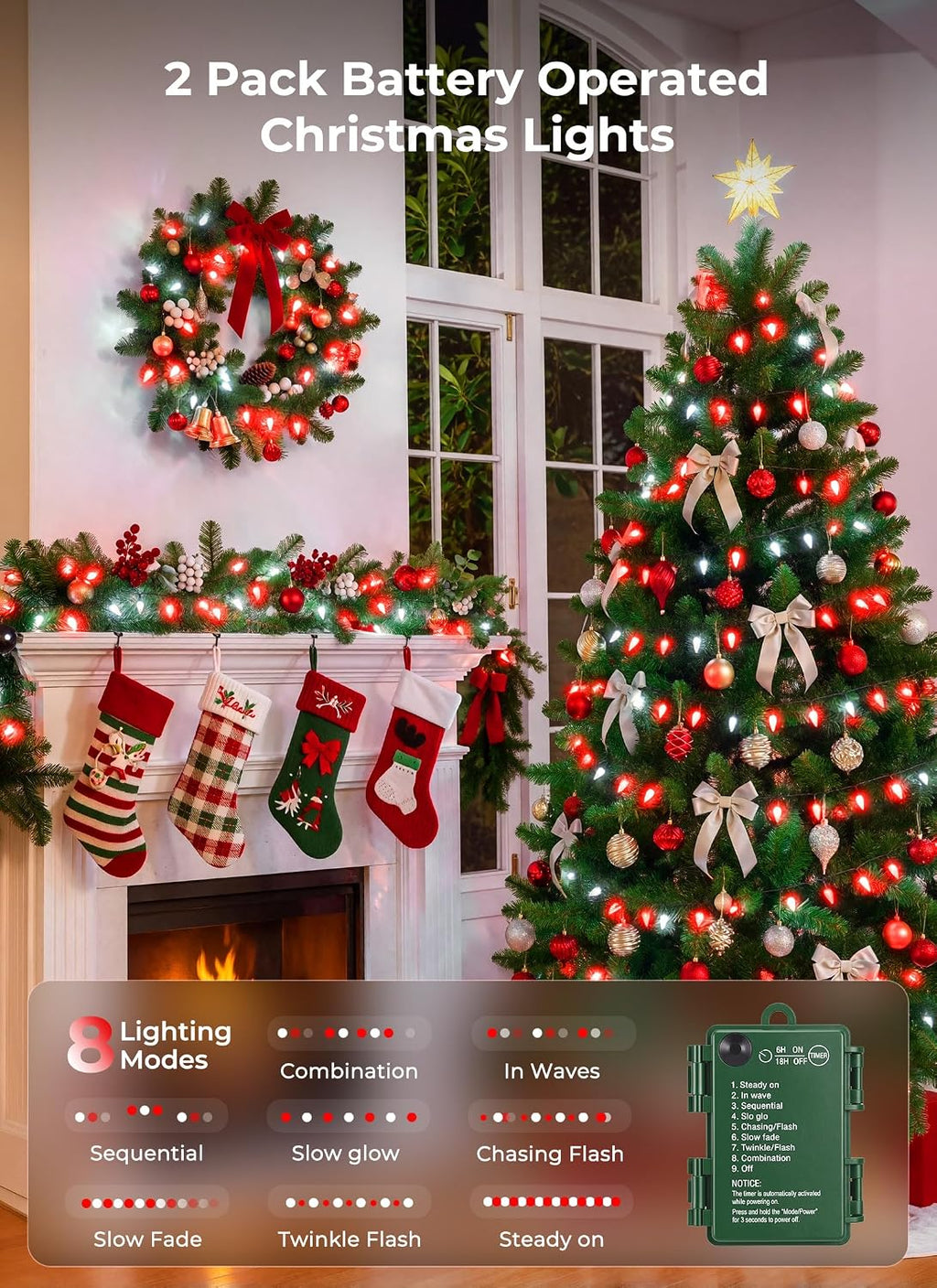 2 Pack Total 100 LED C6 Battery Operated Christmas Lights Red & White