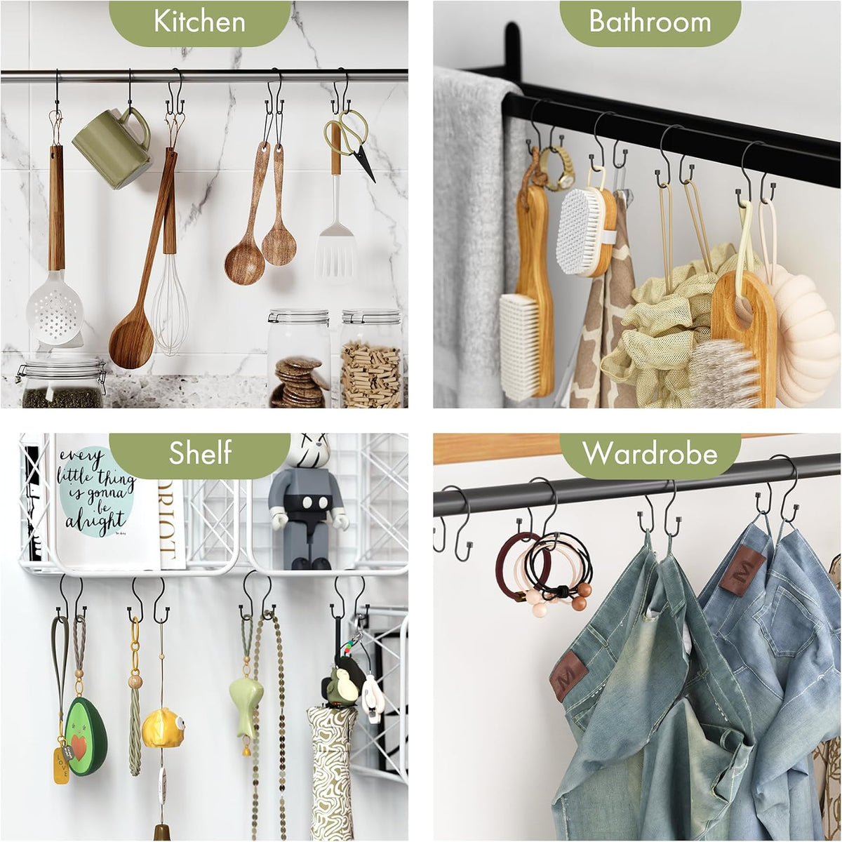 AmazerBath Shower Curtain Hooks Black Shower Curtain Rings with Cylindrical Design, Metal Shower Curtain Hooks Rust Proof, Smooth Glide Double Shower Hooks Rings for Shower Curtain