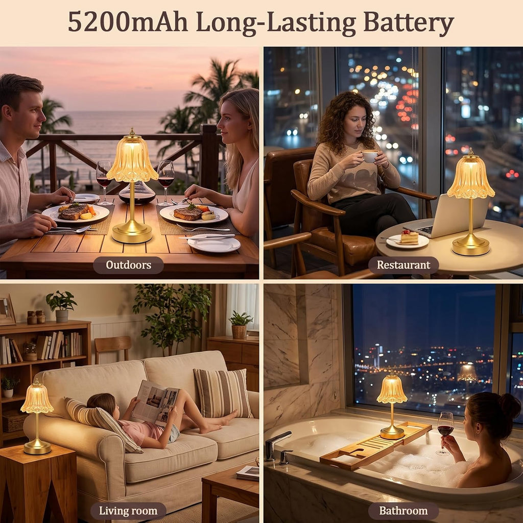 Cordless Table Lamp, Rechargeable Amber Glass Tulip Flower Touch Lamp