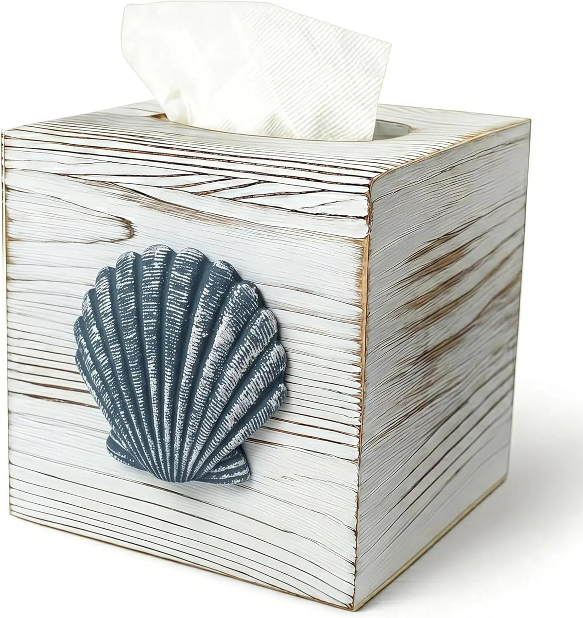 Coastal Tissue Box Cover Wooden Retro with Sliding Bottom Panel Beach Decor for Bathroom Bedroom Living Room,Seashell Decor Suitable for Coastal Gifts Beach House Gifts