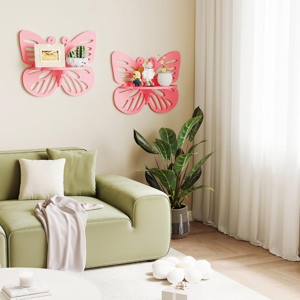 2-Tier Butterfly Wall Shelf - Nursery Decor Pink Floating Corner Shelves, Cute Wall Display Rack Bookshelf for Kid’s Room, Solid Wood Hanging Hollow Out Shelf for Toys, Plants and Decorations Storage