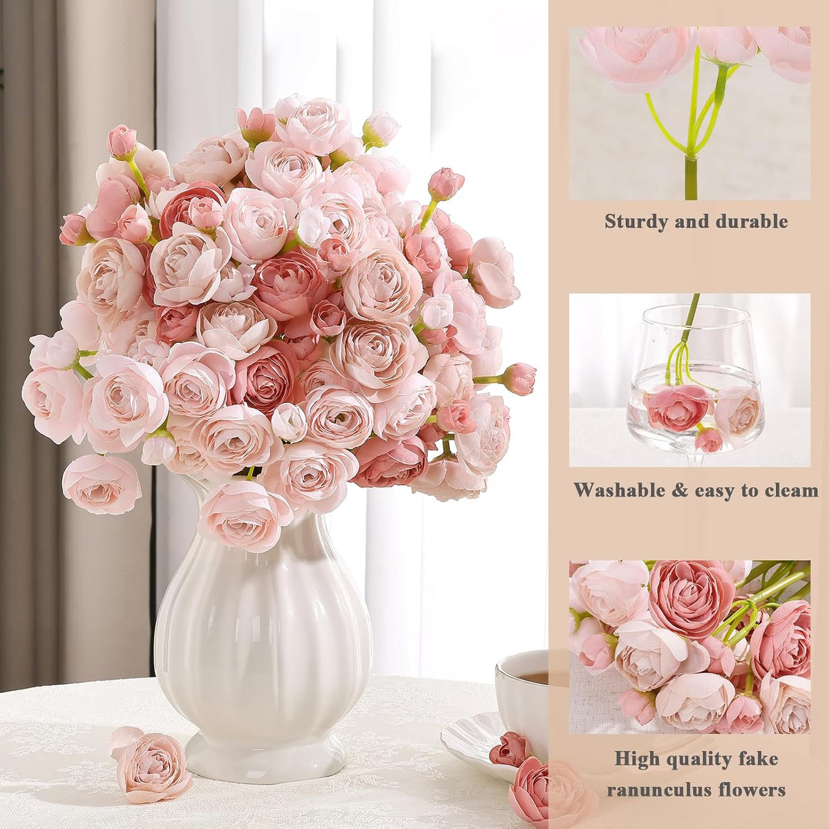U'Artlines Mini Ranunculus Artificial Flowers Bouquet 40 PCS Dusty Rose