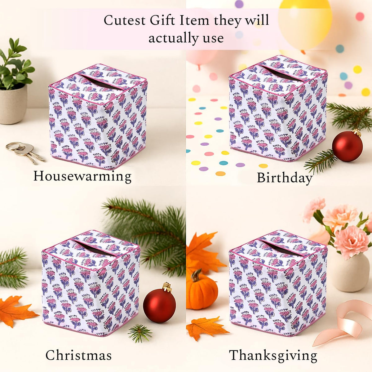 CPC 100% Cotton Piping Block Print Tissue Box Cover, Pink Sapphire