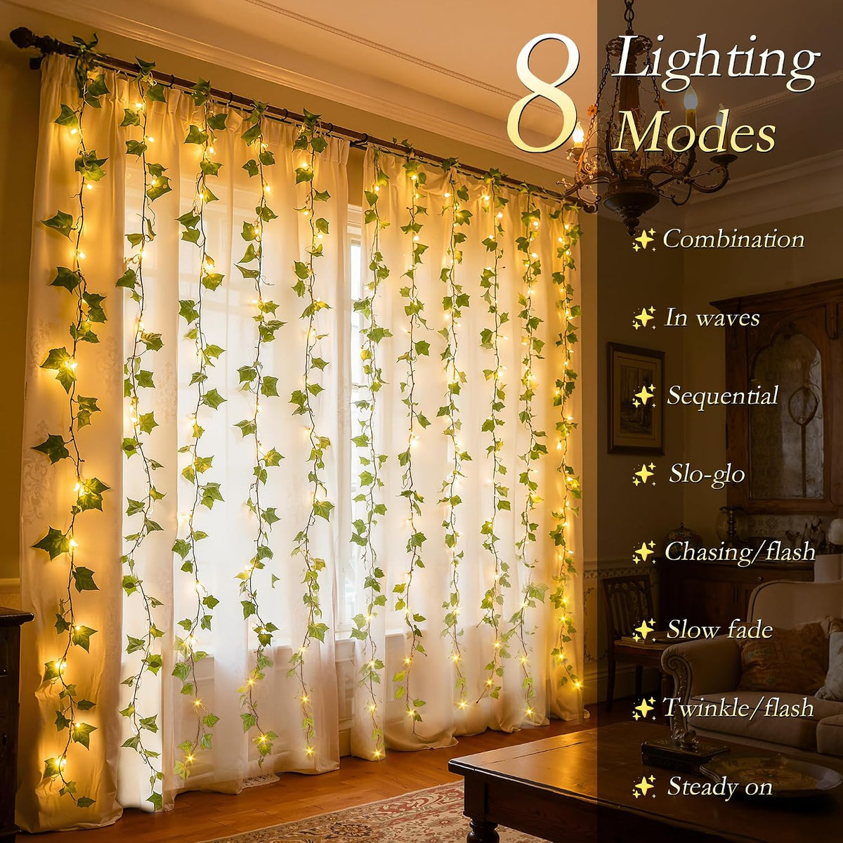 66FT Ivy Vines with Fairy Lights, IP44 Waterproof 200LED String Lights with 8 Modes & Timer, Battery Operated Artificial Greenery Garland for Aesthetic Bedroom Wall Decor, Party, Wedding