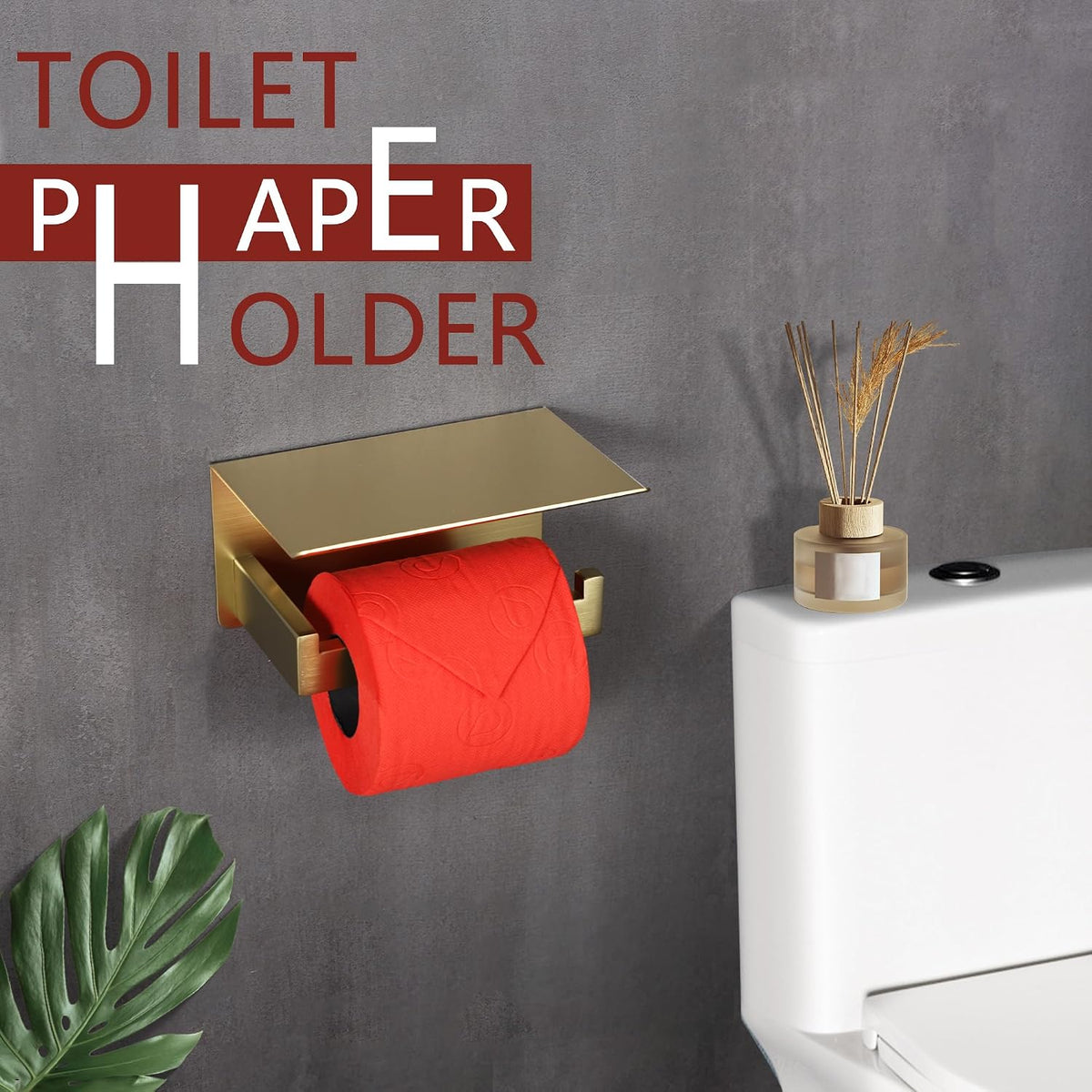 LANC Gold Toilet Paper Holder with Shelf, Toilet Paper Roll Holder with Phone Shelf for Bathroom Wall Mounted, 304 Stainless Steel Toilet Tissue Holder, Brushed Gold, A8367BG
