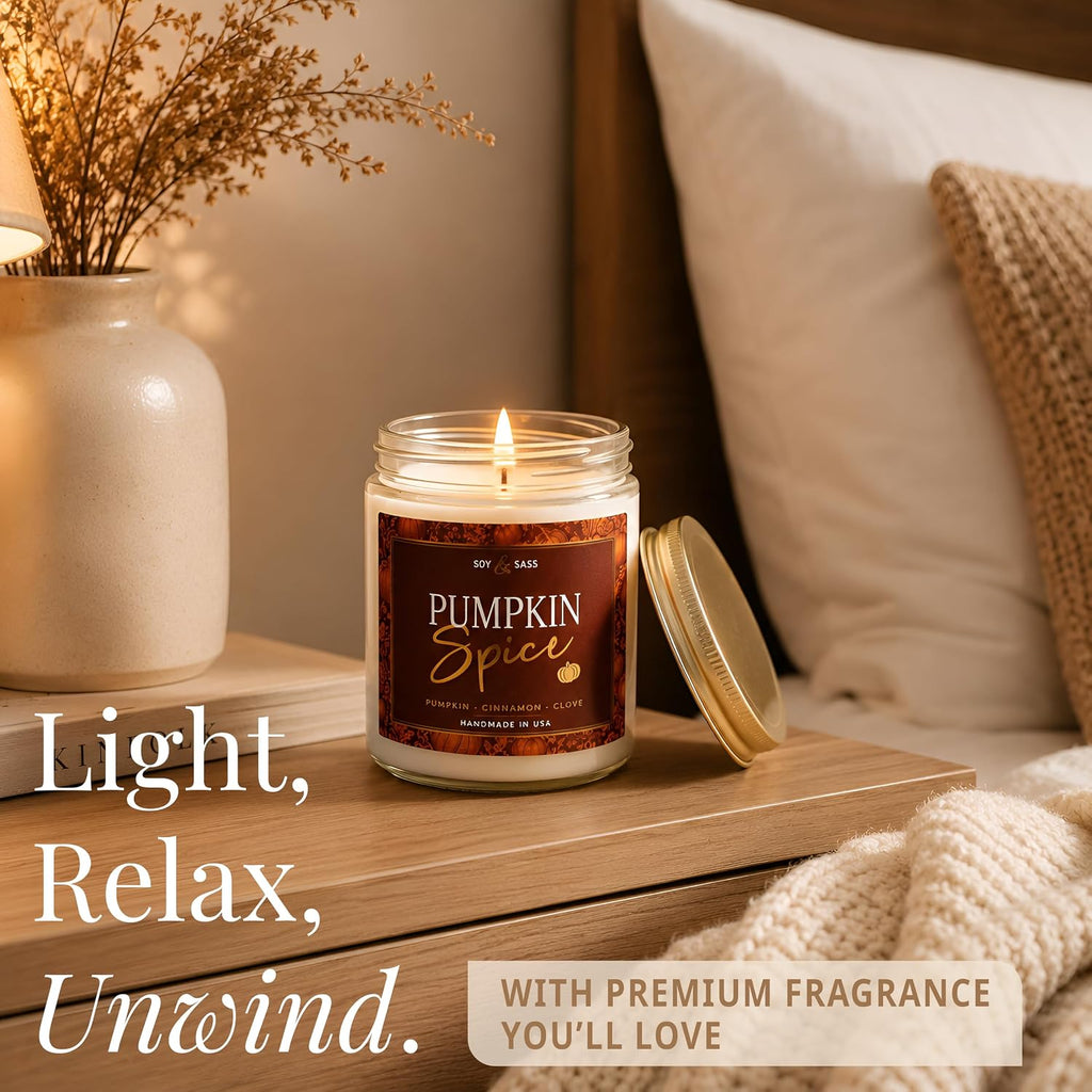 Pumpkin Spice Candle, Fall Candles - 'Pumpkin Spice' Scented Soy Candle for Home, Fall Scented Candles for Home Décor, 9oz Reusable Jar, 50Hr Burn, Made in USA