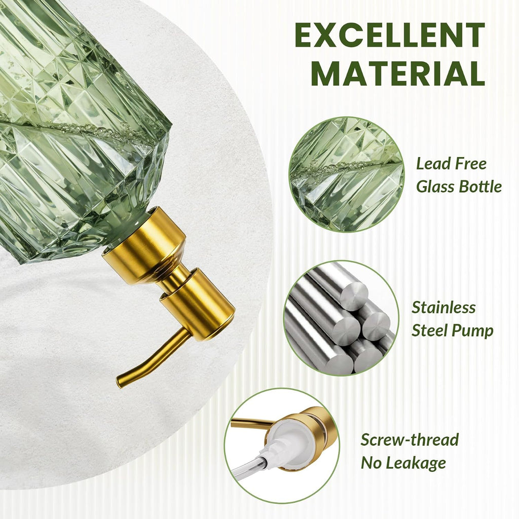 AmazerBath Soap Dispenser, 2 Pack Green Glass Soap Dispenser with Pump Stainless Steel, 14.2OZ Luxury Gold Hand Soap Bottles Bathroom Kitchen