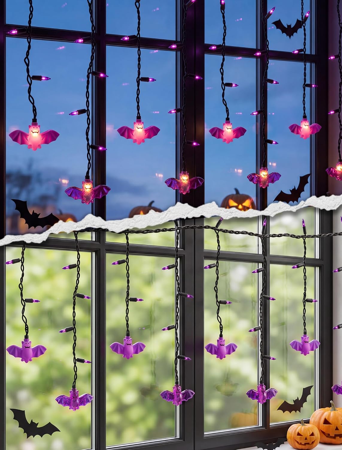 SUNSGNE Halloween Bat Curtain Lights, 7FT 50 LED Purple Window Decor
