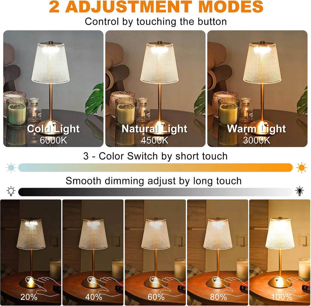 Cordless Rechargeable Metal Table Lamp, Cube Shade, Gold