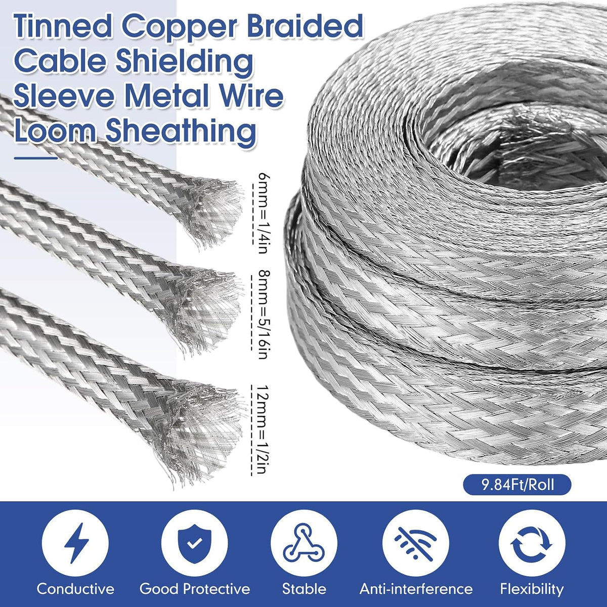 LEIFIDE Silver 3 Rolls Tinned Copper Braid Cable Shielding Sleeve