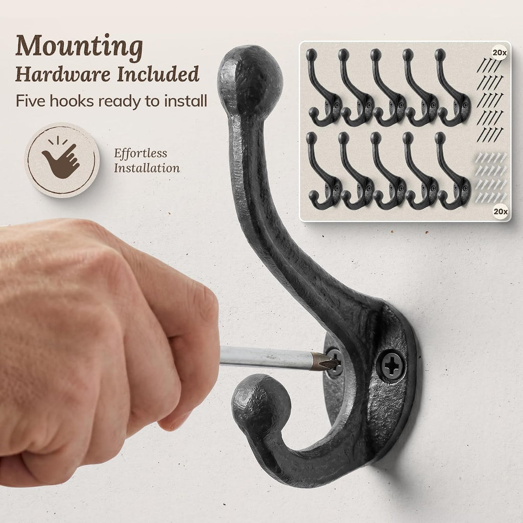 My Fancy Farmhouse Rustic Cast Iron Coat Hooks (10 Pack) Wall Mounted Farmhouse Decorative Wall Hooks, Vintage Hooks for Hanging Coats, Bags, Hats, Towels (Antique Black)