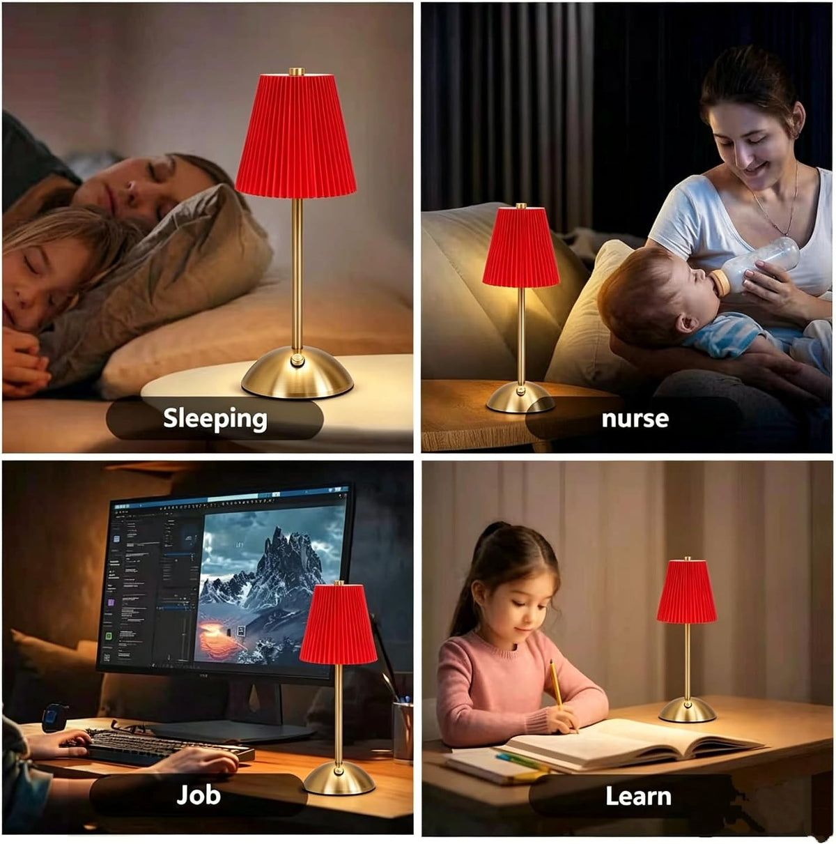Red Pleated Fabric Table Lamp, Christmas Decorative Desk Lamp, Small Accent Lamp for Bedroom Dining Table, Holiday Xmas Gift for Home Decor（Red）