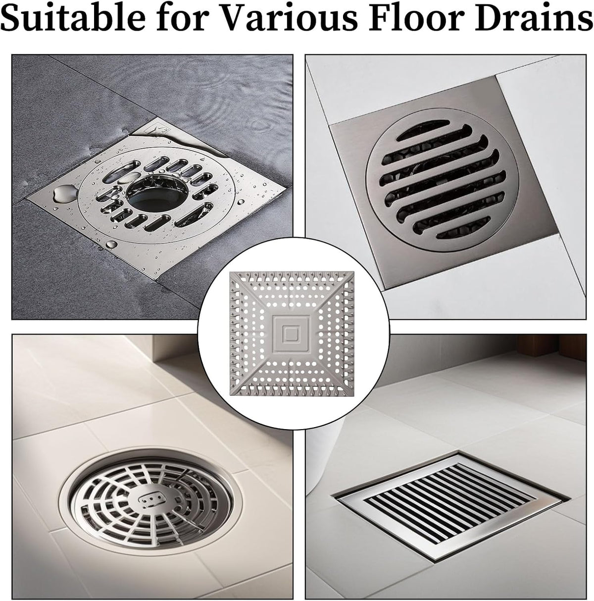 Square Silicone Shower Drain Hair Catcher, Grey