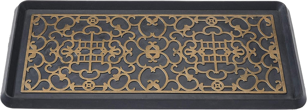 HF by LT Asian Screen Rubber Boot Tray, 32 x 16 inches, One-Piece Seamless Construction, Durable Vulcanized Rubber, Year Round Use Indoors or Outdoors, Black with Antique Bronze Finish