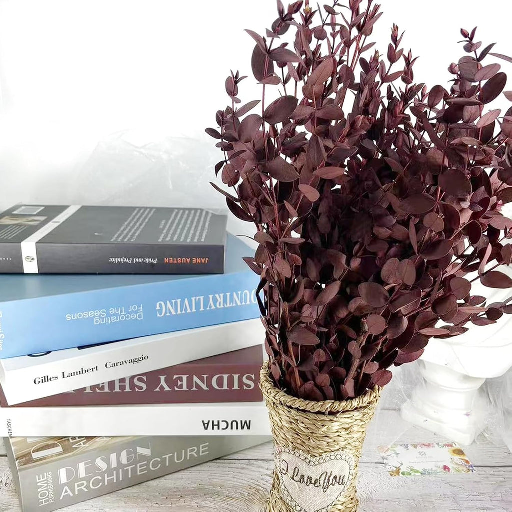 Preserved Dried Eucalyptus Greenery Stems, 20+ Pcs 16 inches Natural Long Lasting Eucalyptus Bundles for Vase Arrangements Home Decoration Photo Props Parties and Weddings, DIY Décor-Red