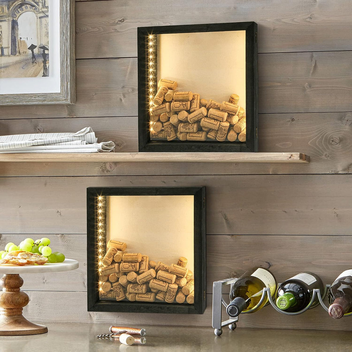 28x30cm LED Shadow Box Frame, Wooden Wine Cork Holder Display Case Built-in LED Lights Memory Keepsake Box for Wine Corks, Ticket Stubs, Photos, Medals & Memorabilia, Wall/Tabletop Mount
