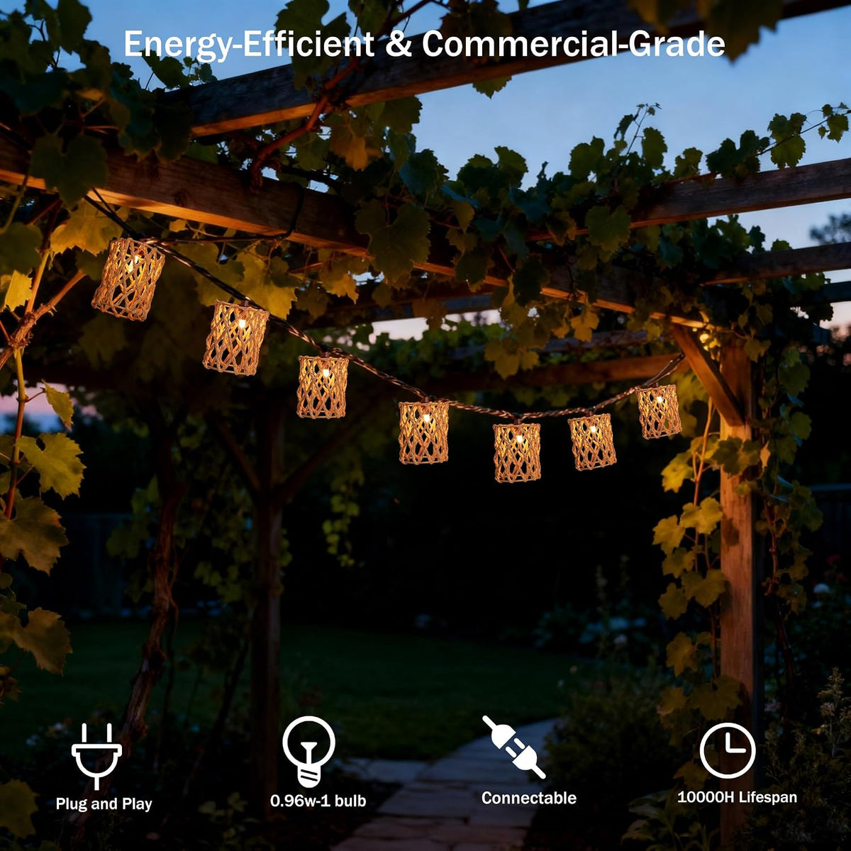 Decorative String Lights Plug in with 10 Incandescent Bulbs, Handwoven Rattan Cylinder-shaped Boho Lantern String Lights Connectable Weatherproof Outdoor Indoor for Bedroom Patio Pergola Decor (Beige)