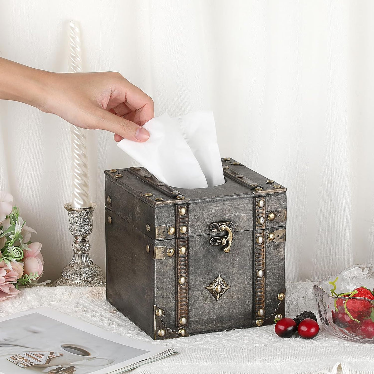 Sumnacon Tissue Box Retro Wood Square Tissue Box Cover Vintage Cube Tissue Box Holder,Decorative Tissue Holder for Bedroom Bathroom Toilet Table Desk Car Store Office Home,Grey