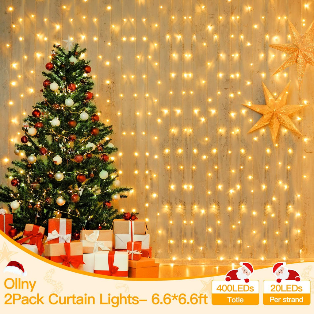 Ollny 2 Pack Curtain Lights, 400LED 6.6x6.6ft Fairy Lights with Remote