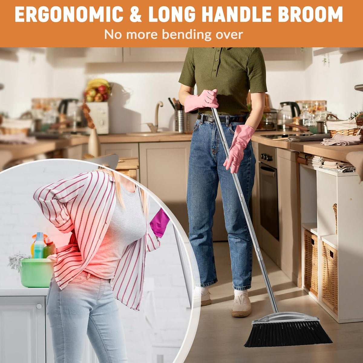 Broom with Dustpan Combo Set, 46" Stainless Steel Broom and Dustpan Set for Home, Heavy Duty Dust Pan with Long Handle, Broom for Sweeping Indoor and Outdoor, Kitchen Broom and Dust Pan (Black)