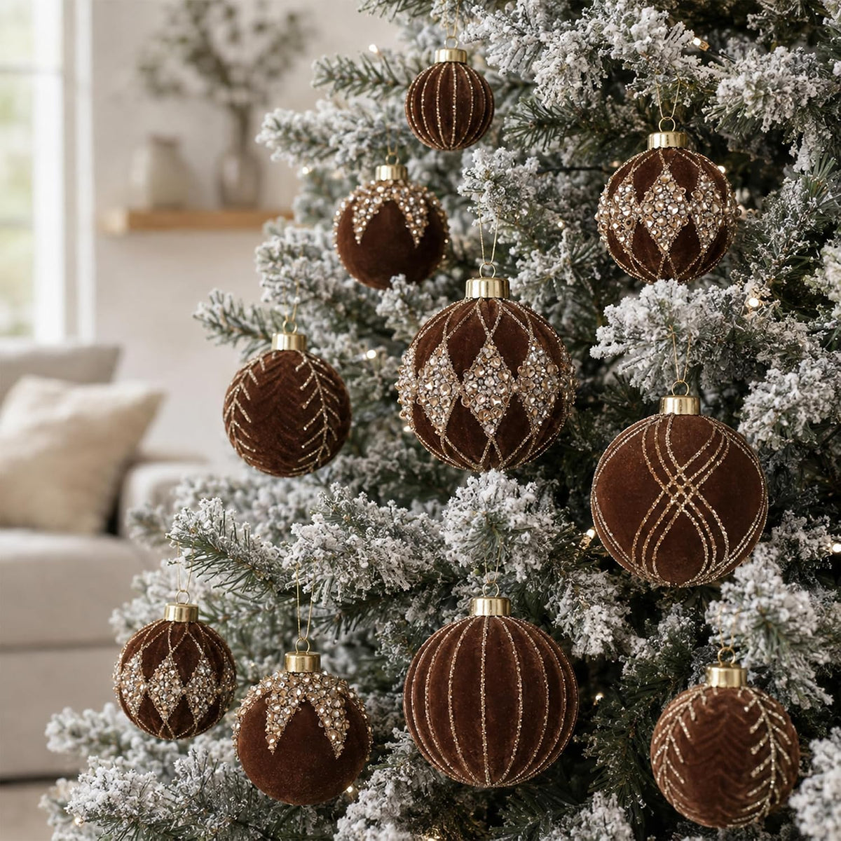 3.15IN Velvet Christmas Ornaments with Glitter, 12pcs Flocked Ornaments Set
