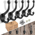 Rustic Cast Iron Coat Hooks (5 Pack) Wall Mounted Farmhouse Decorative Wall Hooks, Vintage Hooks for Hanging Coats, Bags, Hats, Towels (Antique Black, Includes Hardware)