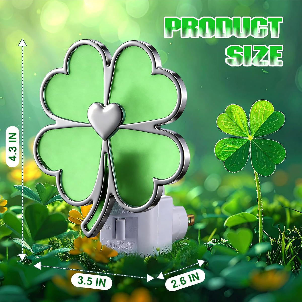 Hohean St. Patrick's Day Lucky Four Leaf Clover Night Light – UL Listed Plug in Irish Decor Lamp with C7 LED, 360° Rotating Plug for Bedroom, Bathroom & Hallway – Green Holiday Lighting Gift
