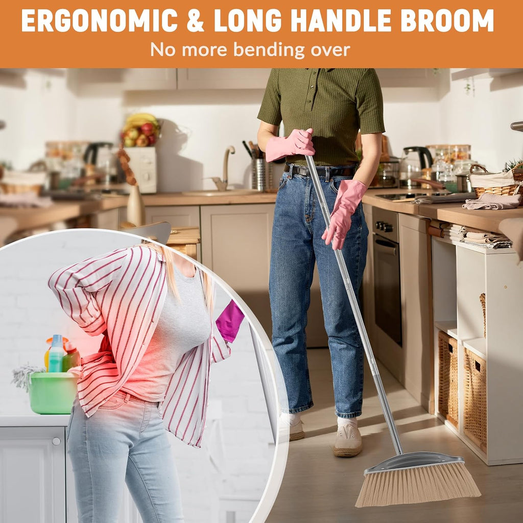Broom with Dustpan Combo Set, 46" Stainless Steel Broom and Dustpan Set for Home, Heavy Duty Dust Pan with Long Handle, Broom for Sweeping Indoor and Outdoor, Kitchen Broom and Dust Pan (Khaki)