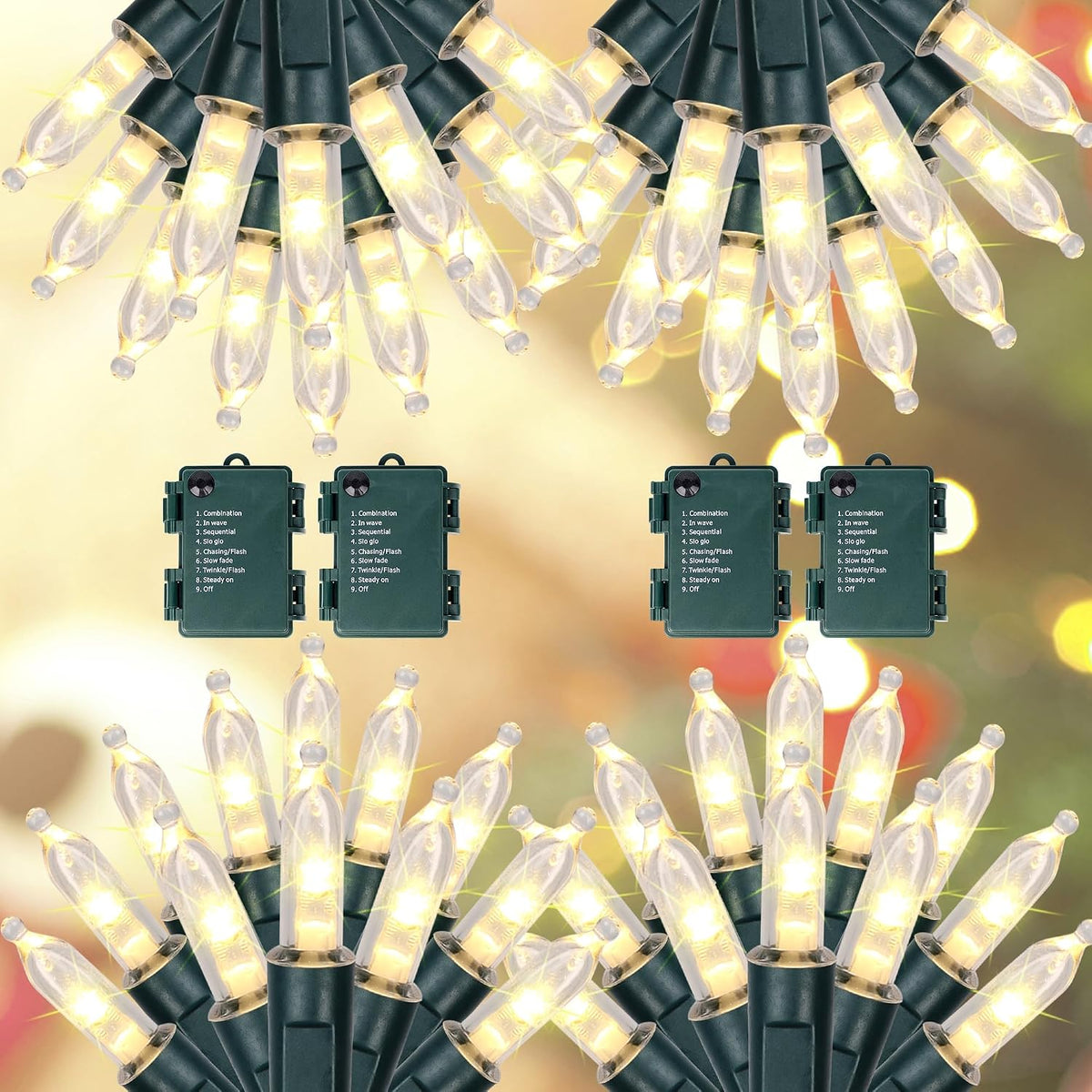 Blissun Christmas Lights, 50-Count Green Wire Light Set, Battery Operated Christmas Mini String Light with 8 Modes, 16 ft Fairy Lights for Christmas Tree Garden Wreath Decorations (4 Pack, Warm White)