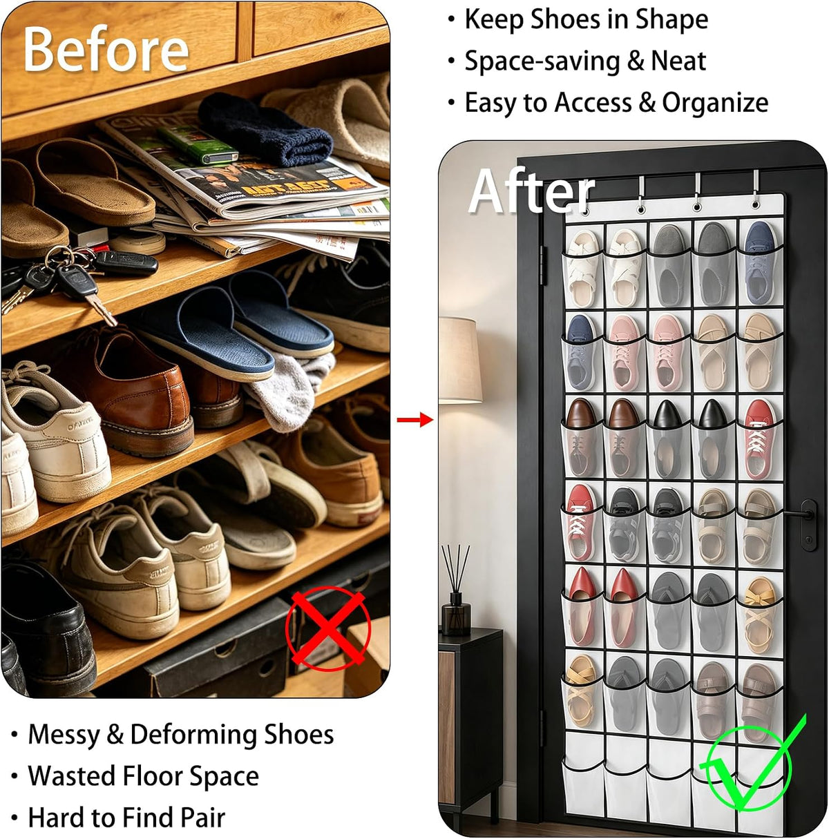 35 Pockets Over The Door Shoe Organizer, Large Breathable Mesh Hanging Shoe Rack with 4 Metal Hooks, Space Saving White Over Door Shoe Storage Holder Mesh Bag for Closet Entryway Bedroom Pantry