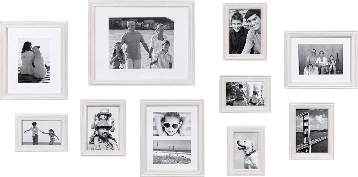Kate and Laurel Bordeaux Modern Gallery Wall Kit, Set of 10 with Assorted Size Frames with White-Wash Finish