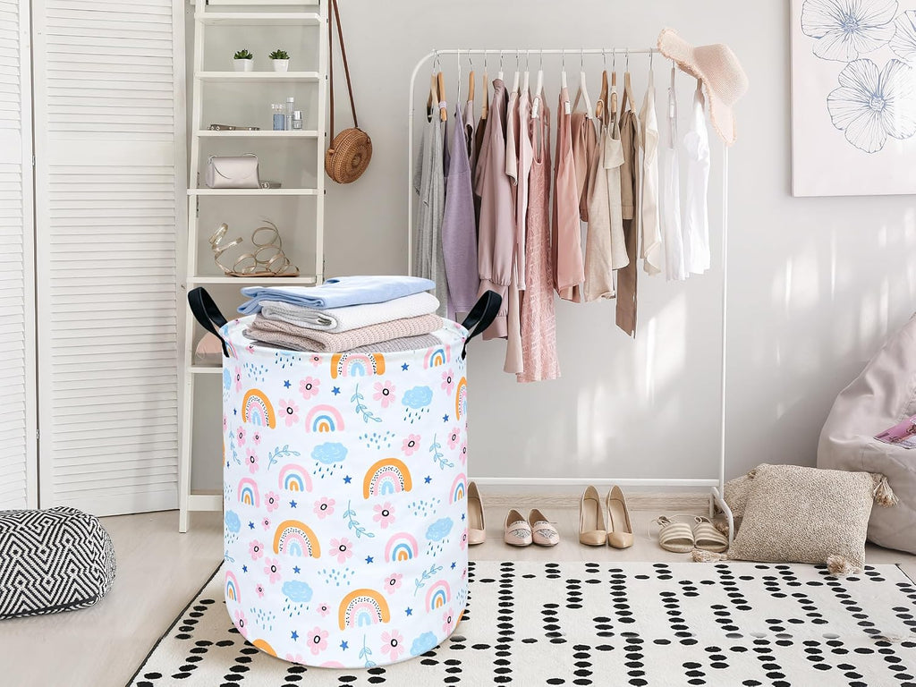 Pastel Rainbow Floral Laundry Hamper, Round Foldable Storage Basket with PU Leather Handles and Water-Resistant Lining for Bedroom, Dorm, Nursery, Clothes and Toys