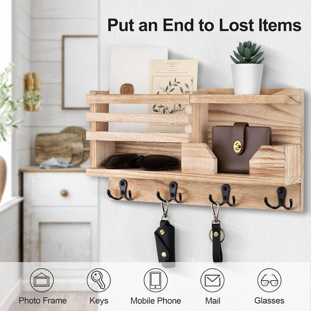 Lwenki Mail and Key Holder for Wall – Decorative 15.9” x 8.7” x 3.2” Entryway Organizer with Shelf – Paulownia Wood with 4 Dual Hooks Includes Mounting Hardware and Installation Guide (Wood)